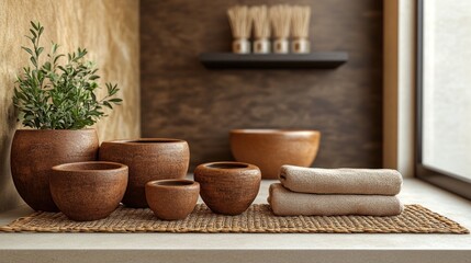 Fototapeta premium Traditional spa setting with clay pots of herbal infusions, woven mats, and a calming earthy color palette