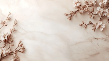 Delicate beige blossoms arranged on marble background