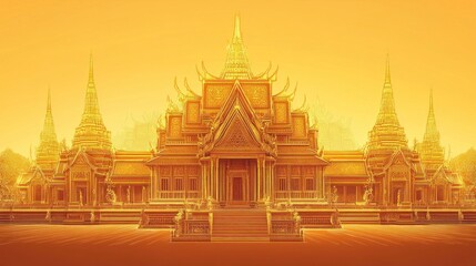 Fototapeta premium Traditional Thai palaces with neon gold line art, detailed tiered roofs, and spires, set against a radiant golden background, framing an open center
