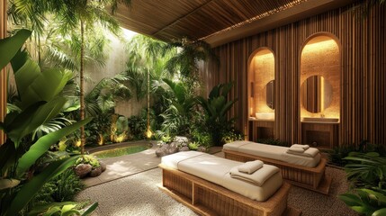 Fototapeta premium Tropical-themed spa with bamboo accents, lush greenery, and an outdoor massage area surrounded by nature