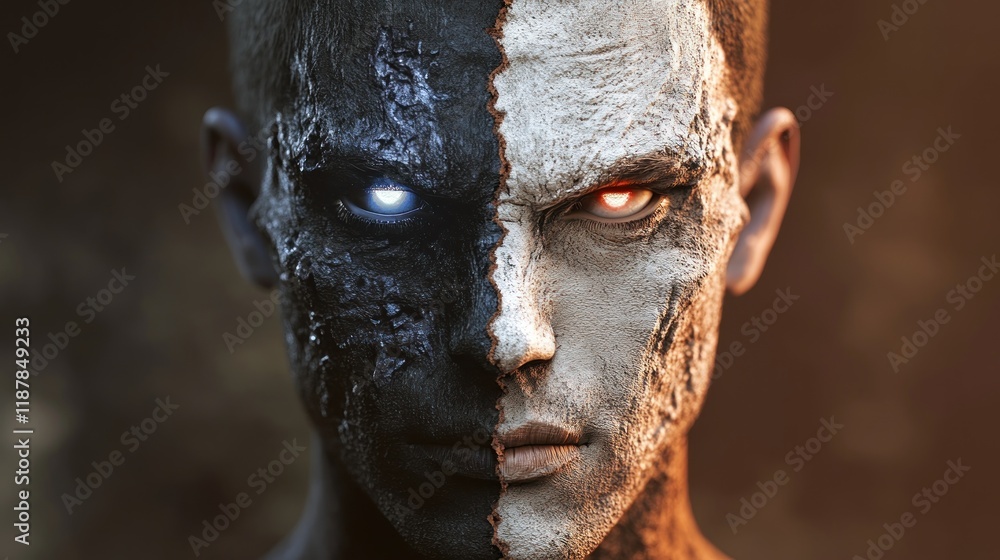 Poster a digitally created image of a split face, one side dark and textured, the other light and smooth.