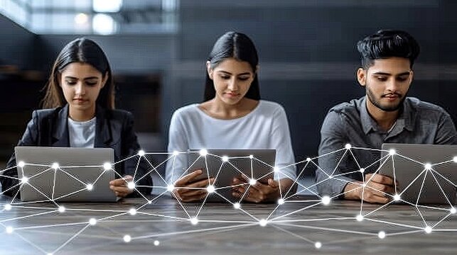 Young professionals using tech devices, connected network graphic overlay.