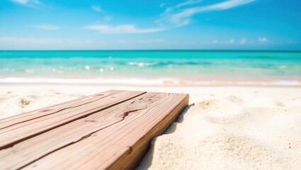 Fototapeta premium Wooden Plank on Sandy Beach with Ocean View
