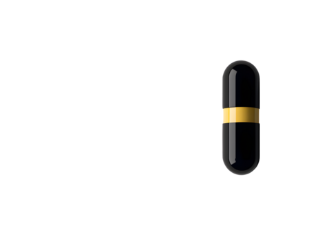 Close up of a single black and yellow medical capsule or pill on a minimalist white background