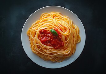 Delicious Plate of Spaghetti with Rich Tomato Sauce and Fresh Basil Garnish Set Against a Dark Background, Perfect for Culinary and Food Photography