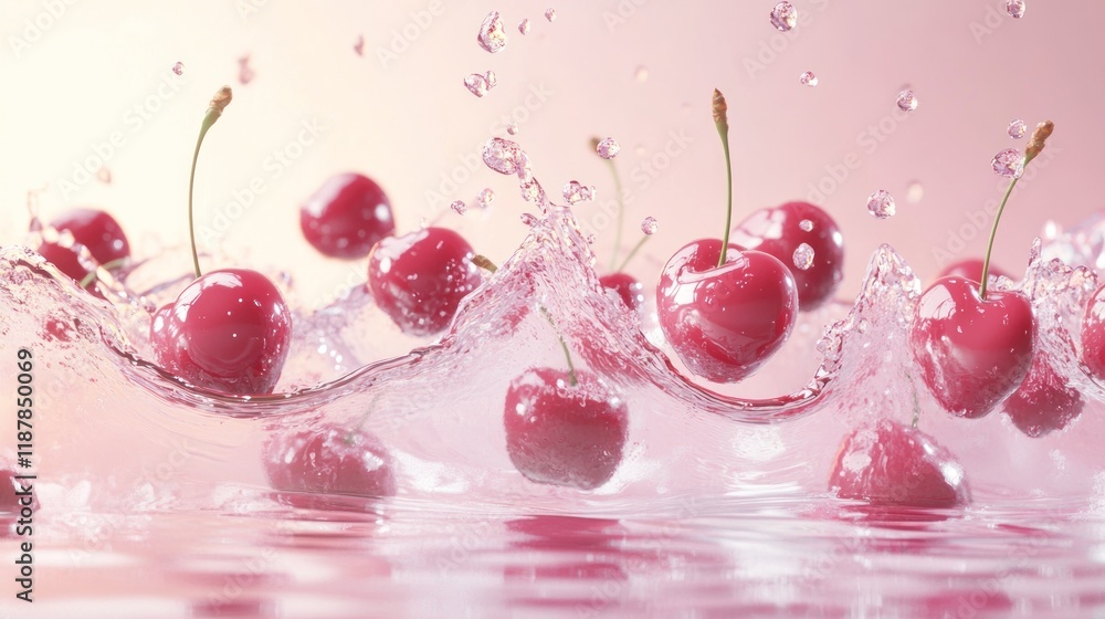Poster fresh red cherries splashing in clear water, creating dynamic wave.