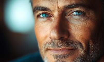 Obraz premium Close-up portrait of a mature man with intense blue eyes and subtle stubble.