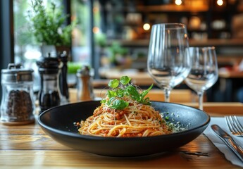 Delicious Plate of Spaghetti with Sauce and Fresh Herbs in a Cozy Restaurant Setting with Elegant Tableware and Warm Ambiance