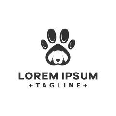 Dog paw print logo illustration. Paw print with a dog head. Pet care clinic logo. Veterinary clinic logo. Animal health care sign.