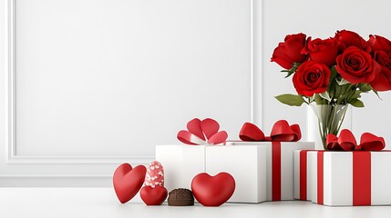 Elegant Valentine’s Day Gift Display with Red Roses and Chocolates