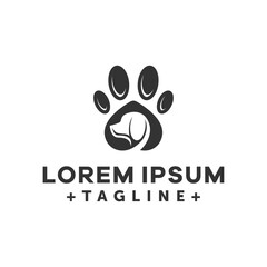 Dog paw print logo illustration. Paw print with a dog head. Pet care clinic logo. Veterinary clinic logo. Animal health care sign.