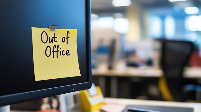 Yellow sticky note displaying 'out of office' on computer screen in workplace setting