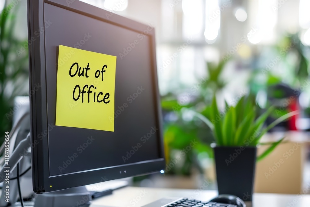 Poster out of office note on computer monitor in modern workspace