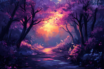 Obraz premium A glowing digital forest with bio-luminescent trees and neon pathways, symbolizing harmony between nature and technology