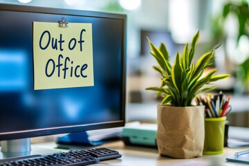 Out of office sign on computer monitor in modern workspace
