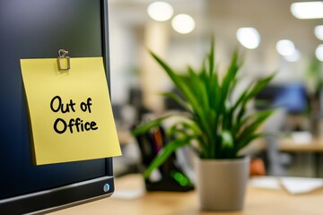 Out of office sign on monitor in modern office workspace with green plant