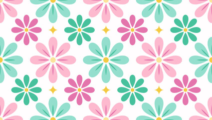 Seamless vector illustration of repeating stylized flowers in pink, green, teal, with yellow centers and small diamonds. Suitable for textiles, wallpapers, and other decorative projects