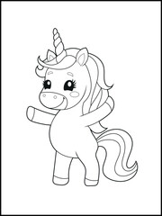 Black and White Unicorn Coloring Page for Kids. Cute, Hand-Drawn, Printable Activity Sheet with Cartoon Characters and Simple Doodles
