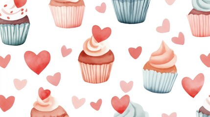 Watercolor cupcake card design with heart motifs for romantic occasions
