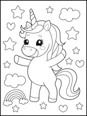 Black and White Unicorn Coloring Page for Kids. Cute, Hand-Drawn, Printable Activity Sheet with Cartoon Characters and Simple Doodles
