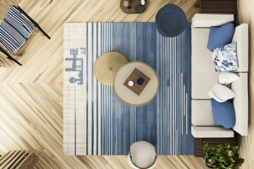 A Japandi living room, wallpaper and wooden walls in harmonious blue and beige tones