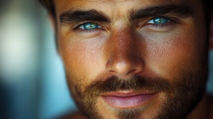 Obraz premium Close-up portrait of a tanned man with bright blue eyes.