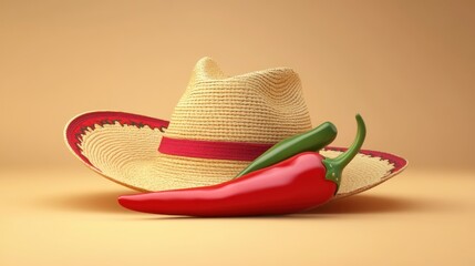 Straw hat with red and green chili peppers on beige background.