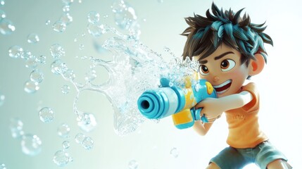 Joyful cartoon boy playfully spraying water from a toy gun, creating splashing effect and bubbles.