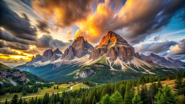 Breathtaking Long Exposure Landscape of Tofane Dolomitic Group with Cloudy Sky and Tofana di Rozes in Foreground, Capturing Nature's Majesty and Serenity