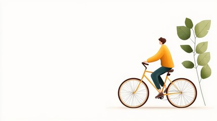 Obraz premium Young Person Riding Bicycle Against Minimalist Background with Green Leaves Accents