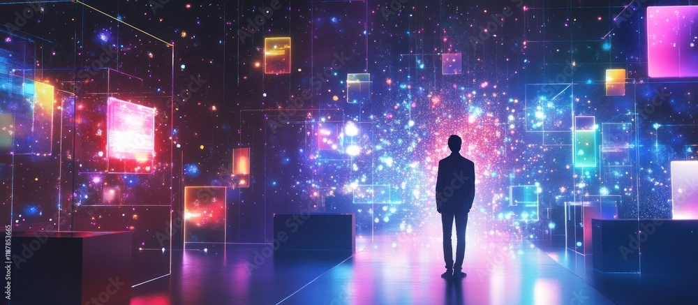 Poster man facing colorful digital data universe.