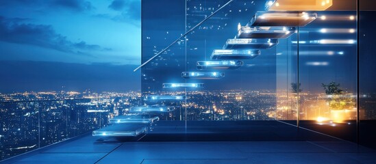 Fototapeta premium Futuristic glass staircase overlooking a city at night.