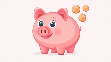 Fototapeta premium Cheerful cartoon piggy bank with coins on a light background for financial illustrations