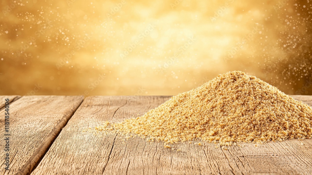 Poster golden sand pile on rustic wooden table with soft golden light and mysterious background bokeh effec