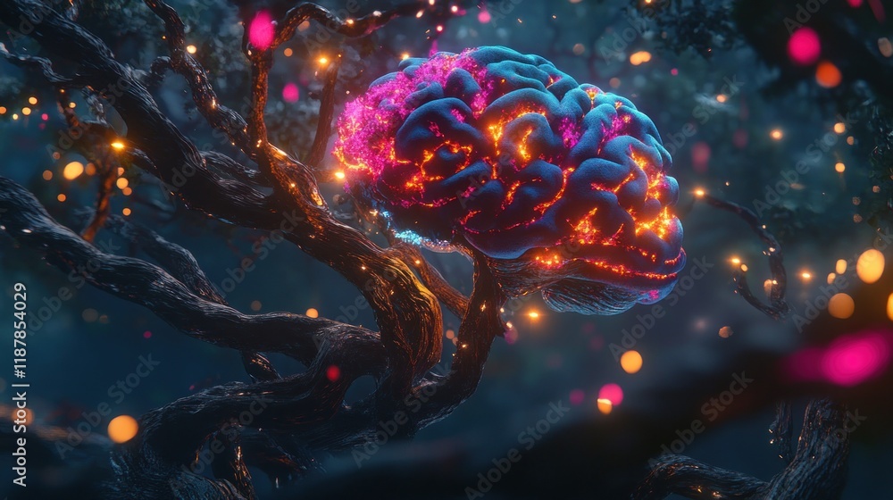 Aufkleber a surreal depiction of a glowing brain intertwined with tree branches in a mystical setting.