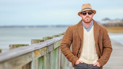 Stylish man wearing brown coat and hat walking on wooden pier by beach on cool overcast day