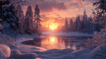 Winter sunset over snow-covered forest and river.