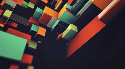 Vivid blocks of color form intricate patterns, combining sharp lines and curves, creating a harmonious balance of art and geometry on a dark canvas