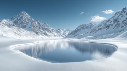 Obraz premium Majestic snow-covered mountain reflection in pristine icy lake under clear blue sky
