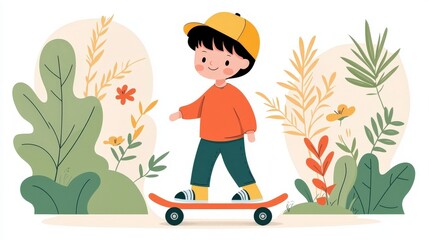 Happy Child Skating on a Skateboard Surrounded by Colorful Plants and Flowers
