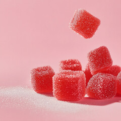 Delicious red gummy candies scattered on pink background, showcasing their sugary texture and vibrant color. Perfect for sweet treats and candy lovers