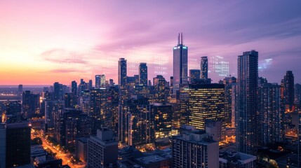 Fototapeta premium Cityscape at sunset, with skyscrapers and city lights.