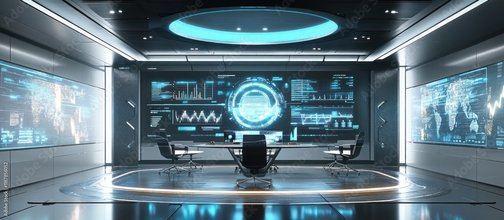 Poster futuristic control room with large digital displays showing world map, graphs, and data.