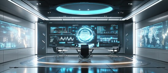 Futuristic control room with large digital displays showing world map, graphs, and data.