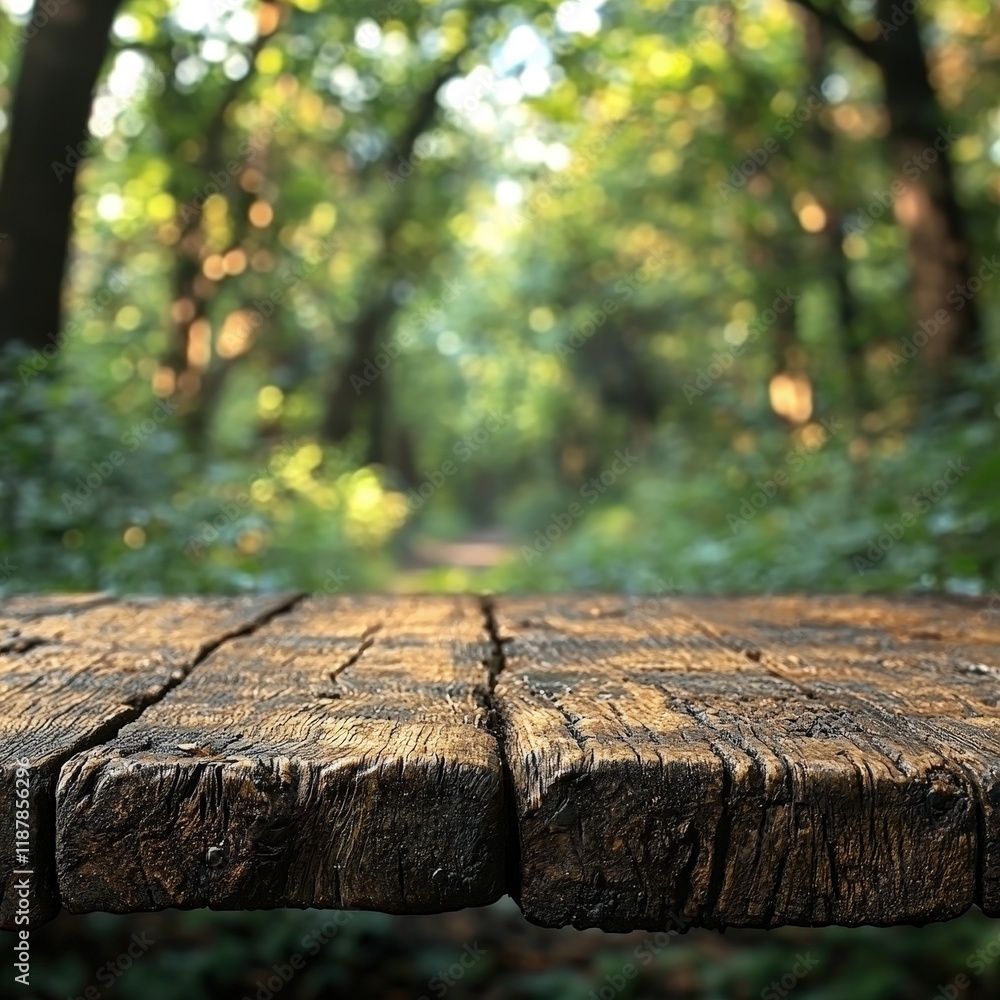 Poster a rustic wooden table against a blurred forest backdrop. ideal for displaying natural products or cr