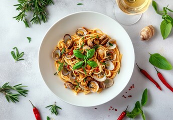Delicious spaghetti with clams garnished with fresh herbs, served in a white bowl next to a glass of white wine and colorful chili peppers on a light background