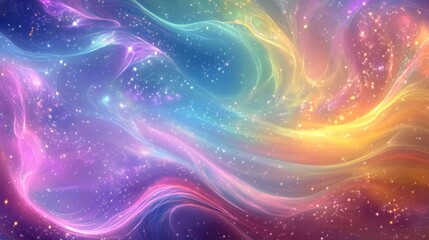 Obraz premium Ethereal Celestial Background with Swirling Rainbow and Purple Waves, Sparkling Stars, and Dreamy Cosmic Elements