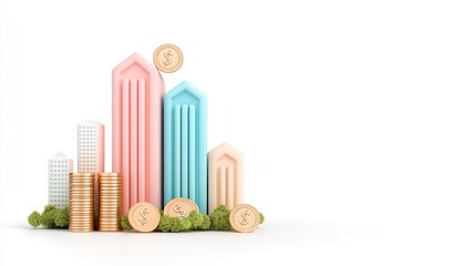 Fototapeta premium Modern financial growth concept with colorful buildings and coins on white background