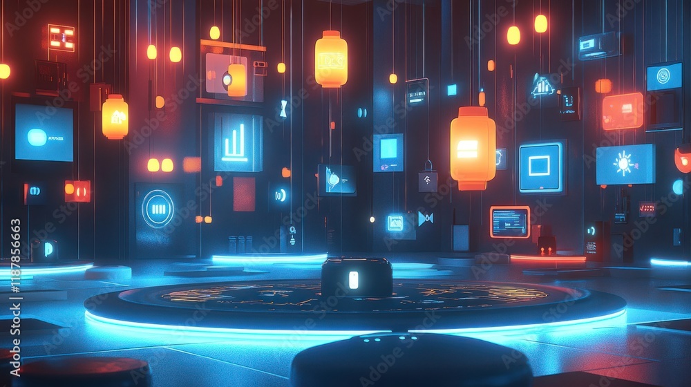 Poster futuristic digital data center with glowing screens and interfaces.