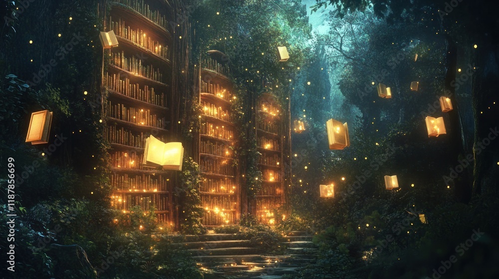 Poster enchanting forest library with floating lanterns.